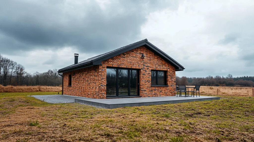 Nowoczesny domek z czerwonej cegły osadzony na otwartej przestrzeni wiejskiej pod zachmurzonym niebem. Budynek ma charakterystyczny dwuspadowy dach w kolorze grafitowym oraz duże czarne okna i przeszklone drzwi wejściowe. Przed domem znajduje się szara betonowa podłoga tarasowa z dwoma czarnymi krzesłami ogrodowymi. Na dachu widoczny jest metalowy komin. Otoczenie stanowi częściowo trawiasta działka, za którą rozpościera się łąka z suchymi trawami oraz bezlistny, zimowy las na horyzoncie. Minimalistyczna architektura domku harmonijnie wpisuje się w surowy, naturalny krajobraz wczesnej wiosny lub późnej jesieni.