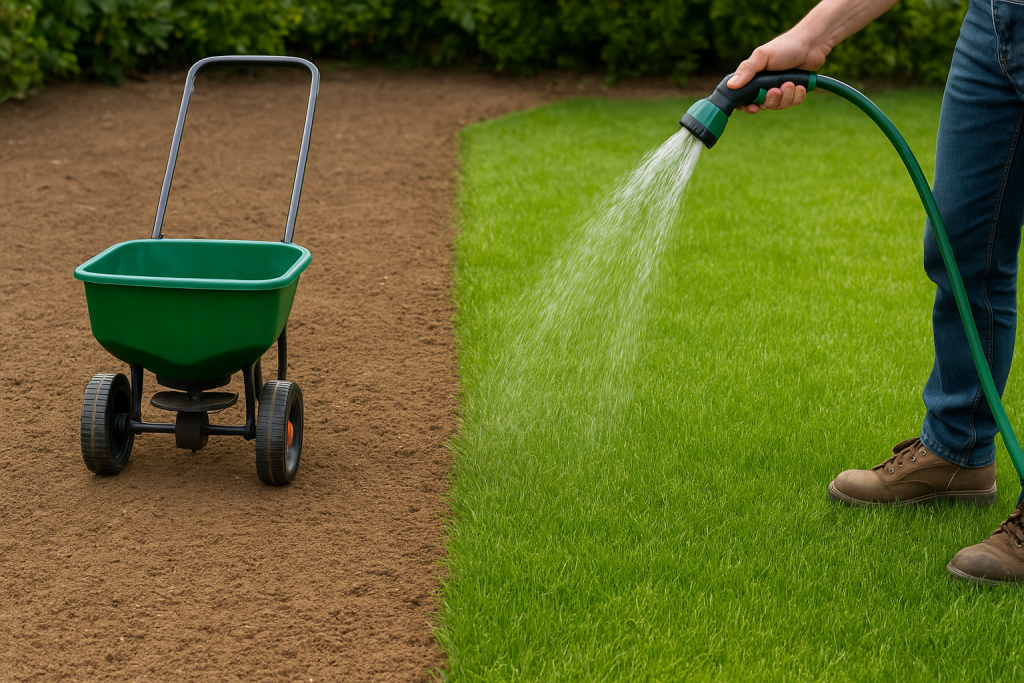 Obraz pokazujący realistyczną scenę przedstawiającą proces zakładania trawnika