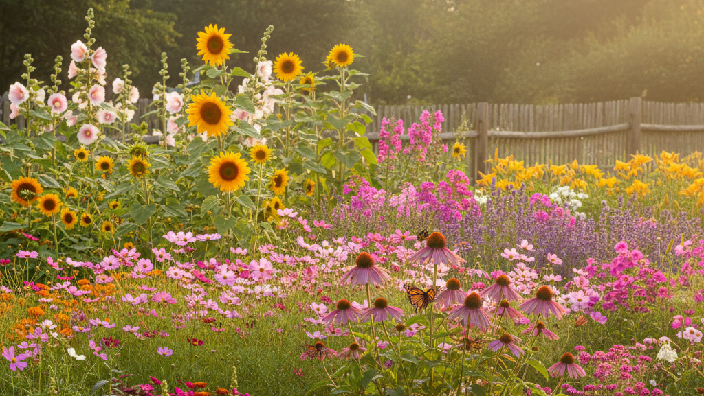 Obraz przedstawia niezwykle bujny i kolorowy ogród działkowy lub wiejską rabatę, skąpaną w ciepłym, złotym świetle, prawdopodobnie podczas wschodu lub zachodu słońca