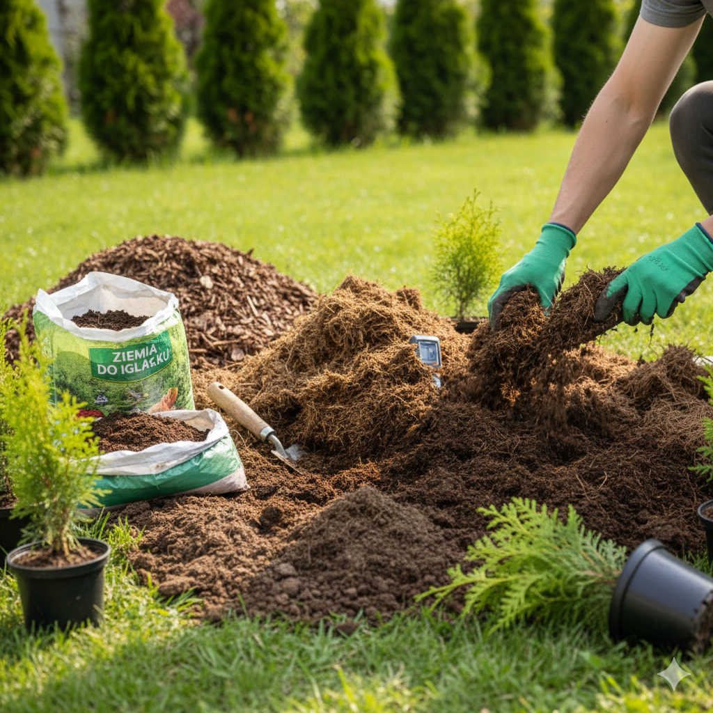 Obraz pokazujący scenę sadzenia żywopłotu z tui w zadbanym, przydomowym ogrodzie