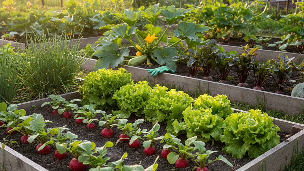 Na pierwszym planie znajduje się podniesiona grządka (skrzynia) wykonana z drewna, wypełniona żyzną, ciemną ziemią