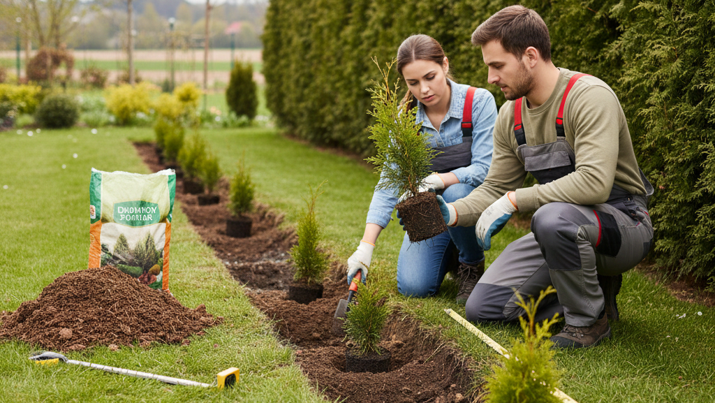 Obraz pokazujący słoneczny dzień w ogrodzie, gdzie para młodych ludzi, ubranych w ogrodnicze ubrania robocze i rękawiczki, zajmuje się sadzeniem tui wzdłuż świeżo wykopanego rowka