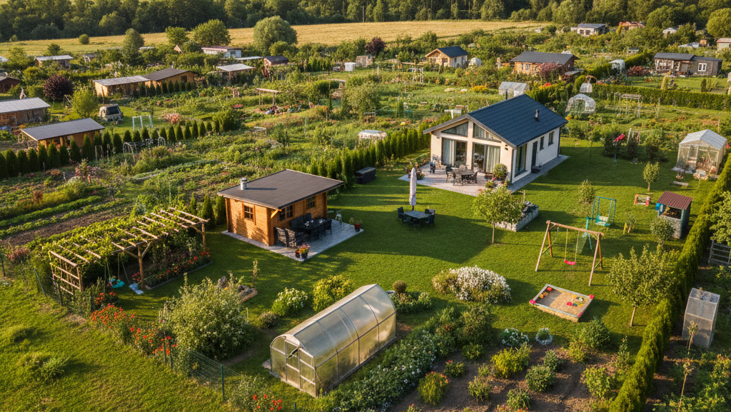 Obraz to szerokie ujęcie z lotu ptaka (perspektywa z drona), ukazujące kompleks ogródków działkowych położonych w malowniczej, pagórkowatej okolicy