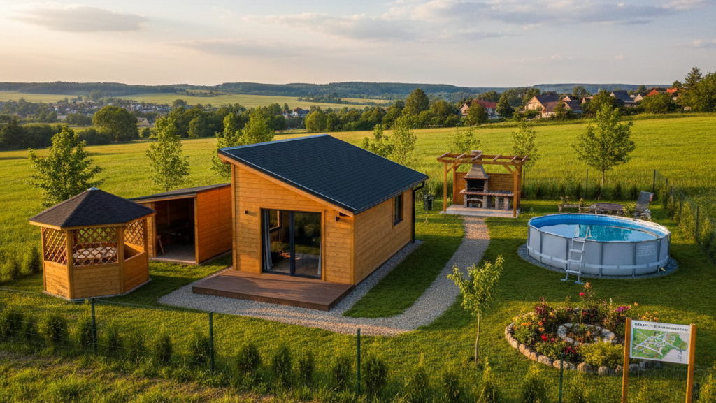 Obraz przedstawia nowoczesną działkę rekreacyjną ujętą z perspektywy lotu ptaka, co pozwala na wyraźne zobaczenie relacji między poszczególnymi obiektami