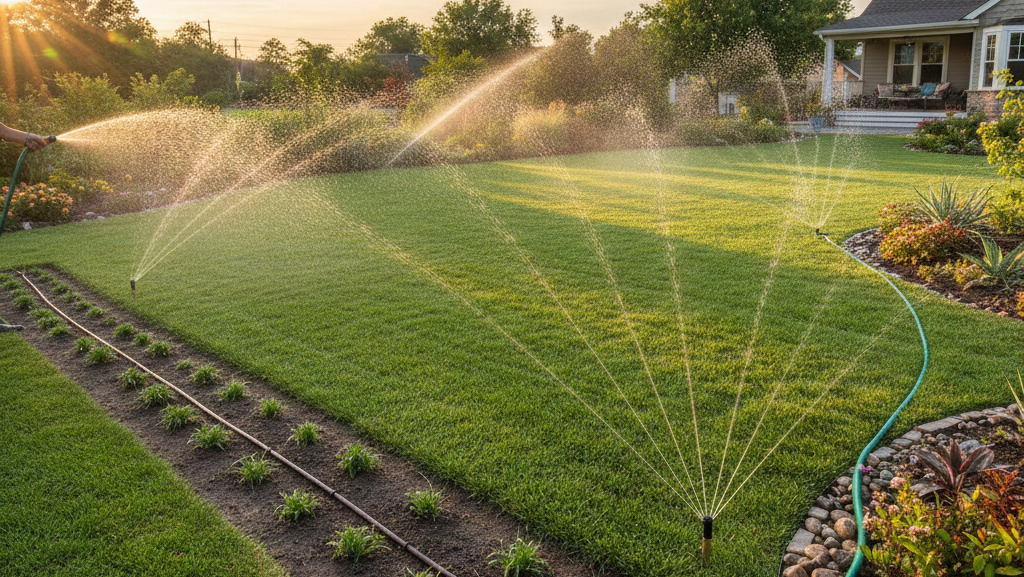 Obraz przedstawia zadbany, przydomowy ogród w ciepłym świetle wczesnego poranka, co nawiązuje do najlepszej pory na podlewanie roślin