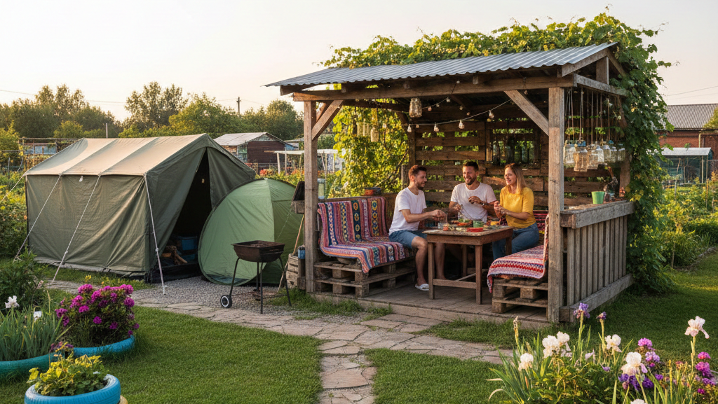 Obraz przedstawia słoneczne popołudnie na typowej działce rekreacyjnej