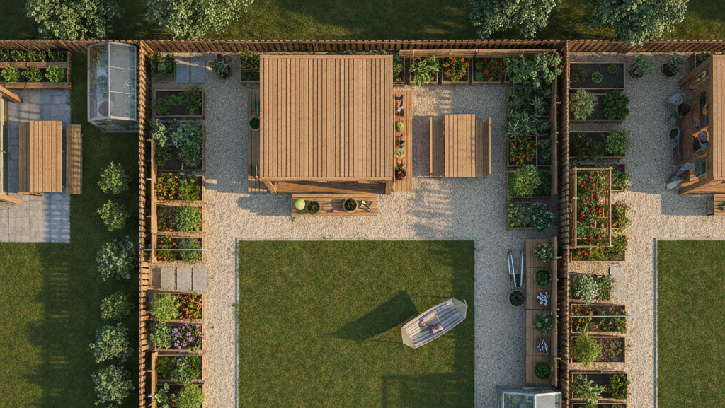 Obraz przedstawia rzut z góry na niezwykle uporządkowany, nowoczesny ogród przydomowy, który łączy w sobie funkcję dekoracyjną z użytkową