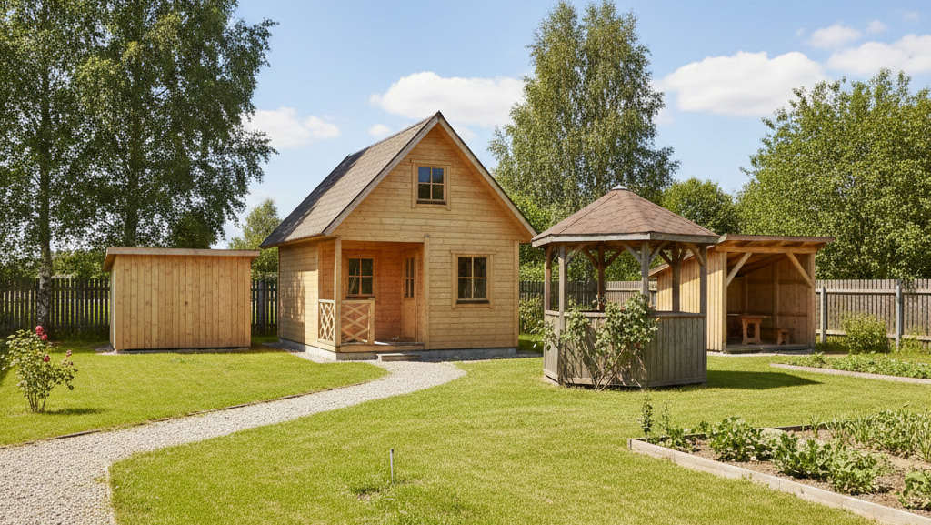 Grafika przedstawia realistyczną scenę na zadbanej działce rekreacyjnej w słoneczny dzień