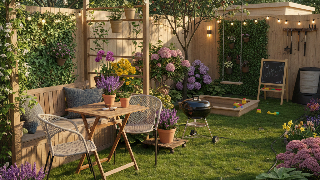 Grafika przedstawia harmonijnie urządzoną, niewielką działkę rekreacyjną, która w pełni wykorzystuje dostępną przestrzeń zgodnie z zasadami opisanymi w tekście