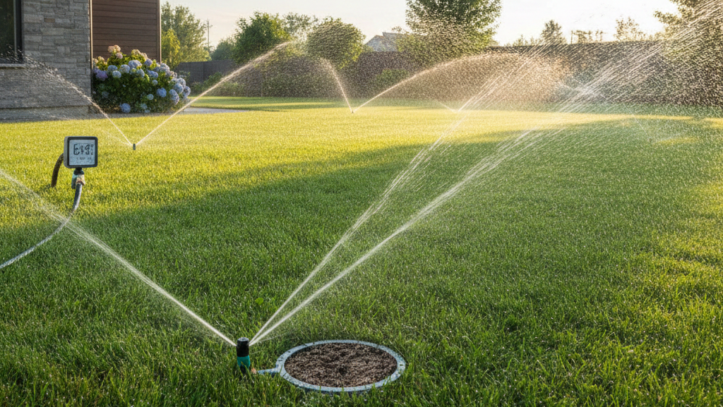 Obraz przedstawia nowoczesny, zadbany ogród przydomowy w świetle wczesnego poranka