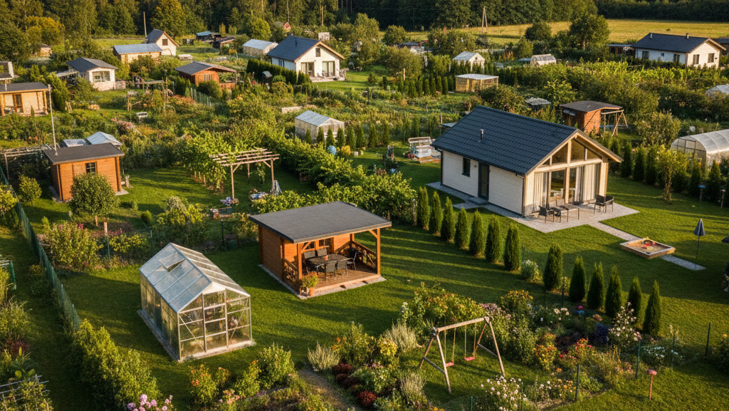 Grafika przedstawia realistyczny widok z lotu ptaka na kompleks zadbanych działek rekreacyjnych, uchwycony w ciepłym, popołudniowym świetle